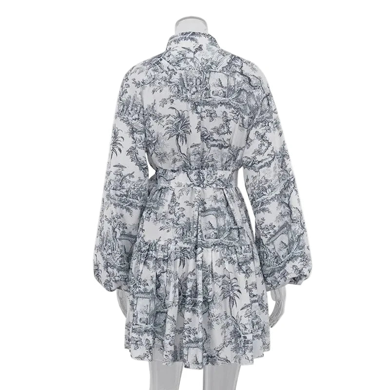 🍒Printed mini dress long sleeve clothes for hot weather o-neck outfit a line flare short china print smart casual female clothes fashion beach party wear holiday wear  Drink Cocktails In Your China