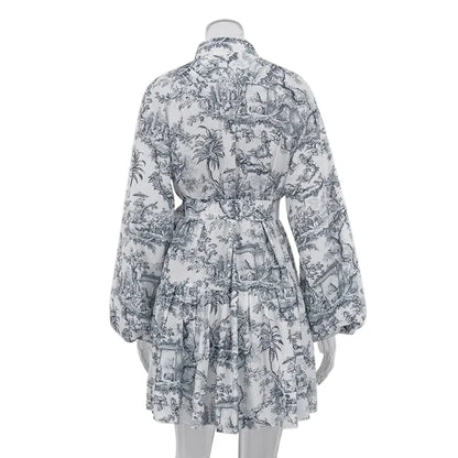 🍒Printed mini dress long sleeve clothes for hot weather o-neck outfit a line flare short china print smart casual female clothes fashion beach party wear holiday wear  Drink Cocktails In Your China