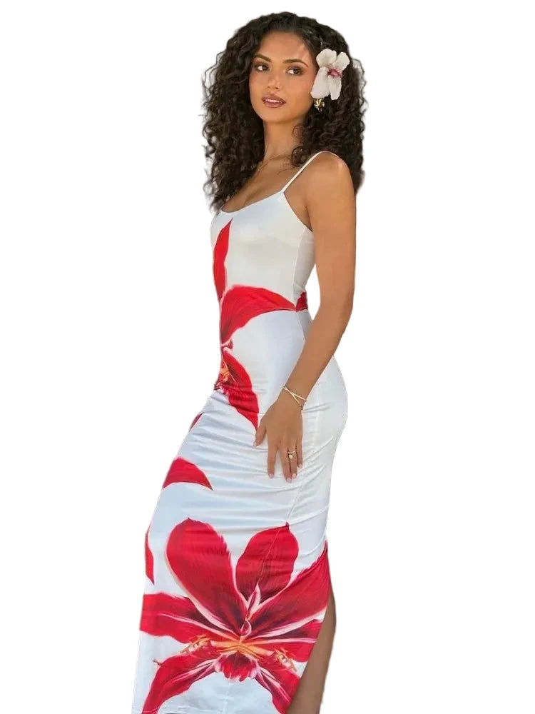 🍒 Summer printed maxi dress floral women spaghetti straps clothes holiday wear outfits backless fashion smart casual wear female long dress mini floral