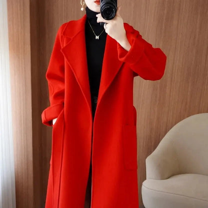 🍒100% wool coat for women autumn/winter fashion double sided cashmere coat with belt elegant long overcoat smart casual outerwear Warmup In Wool