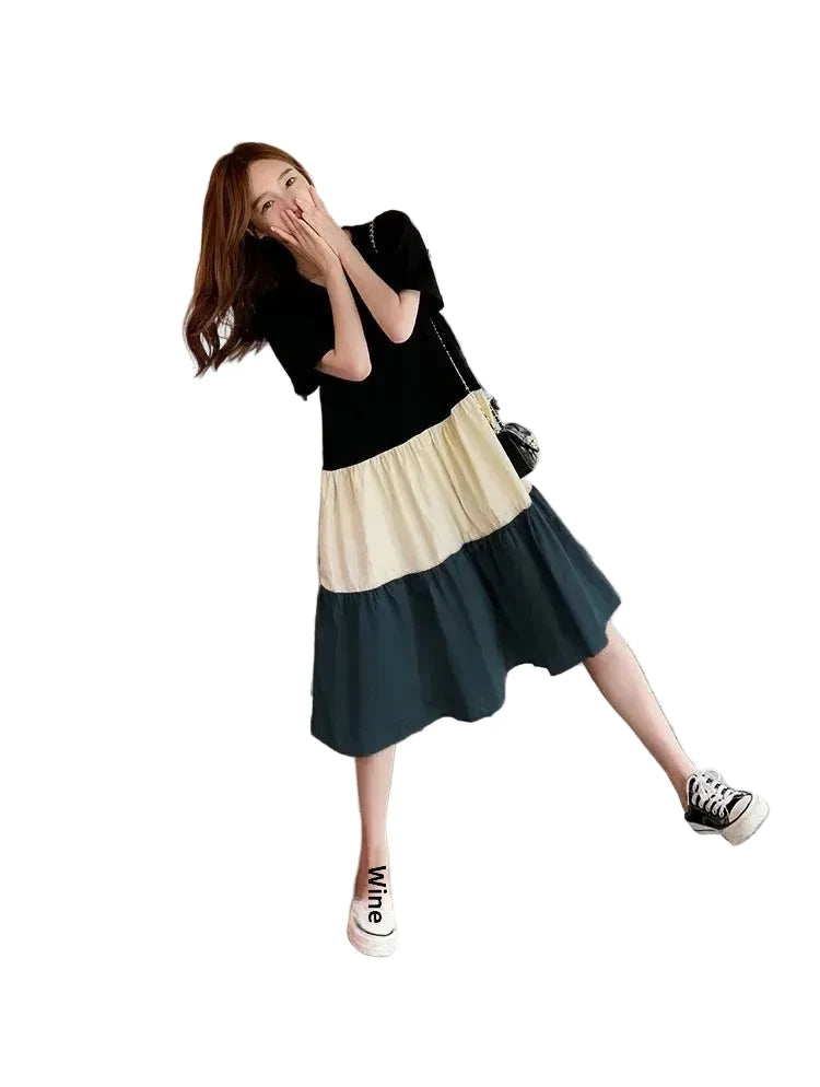 🍒T-shirt dress women colour block outfit loose fit plus size summer fashion stripe clothing stylish medium length over knee a-line fashion wear holiday wear Blocks Of Style