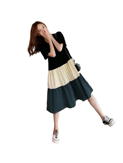 🍒T-shirt dress women colour block outfit loose fit plus size summer fashion stripe clothing stylish medium length over knee a-line fashion wear holiday wear Blocks Of Style