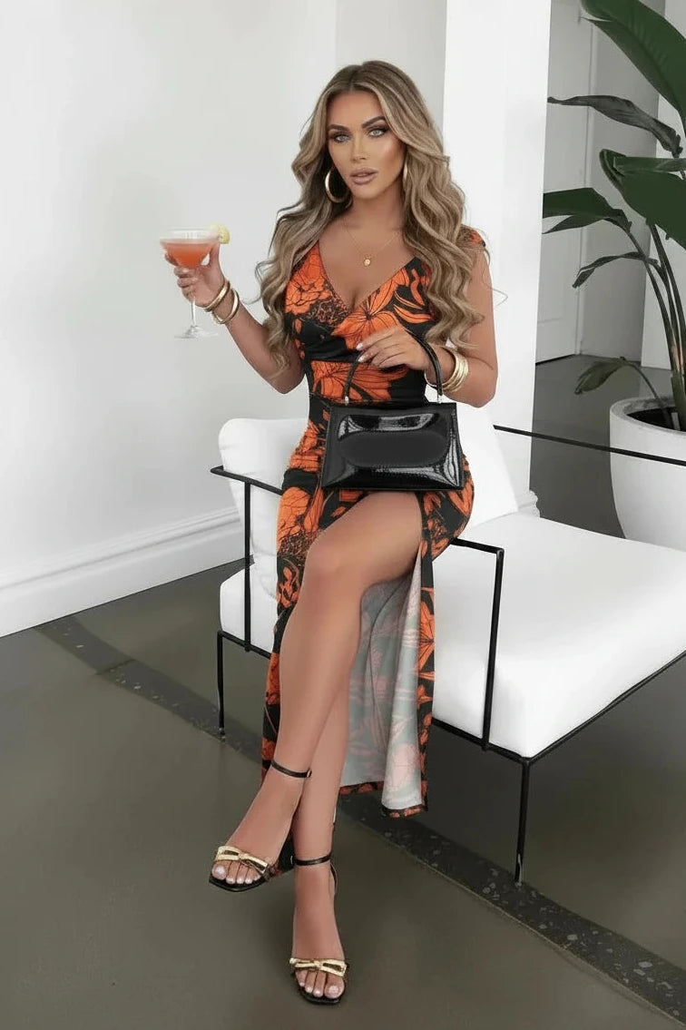 🍒Somerrok, drukwerk, modieuse slim gemaklike klere vir vroue, elegante V-nek moulose lyfpakrok met split aan die voorkant, strandpartytjiedrag, druk jou somerdruk