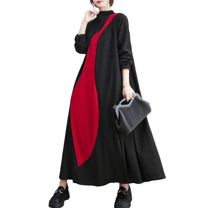 🍒Long sleeve maxi dress red and black outfit long sleeve loose  women smart casual clothes with patchwork loose fit a-line occasion wear chic holiday wear oversize fashion  Black Out Boring Clothes And Get This Red