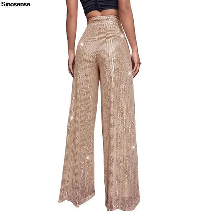 🍒Hoë middellyf sequin-broeke vonkel los gemaklike wyepypbroek klokonderkant-broeke glinster klubdrag partytjiedrag Alles Vonkel In Glans En Glans