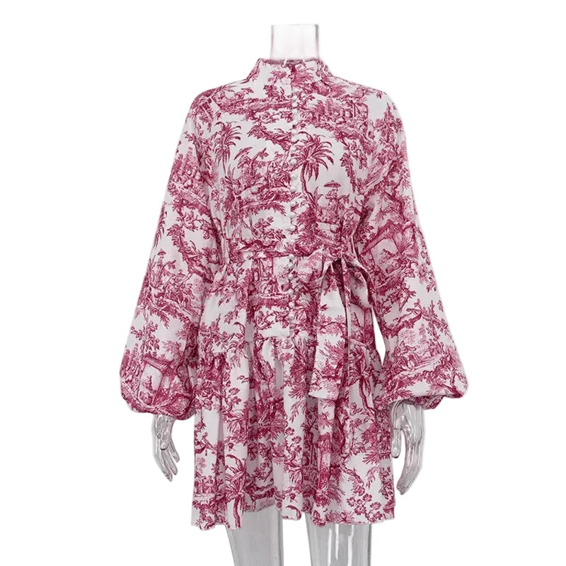 🍒Printed mini dress long sleeve clothes for hot weather o-neck outfit a line flare short china print smart casual female clothes fashion beach party wear holiday wear  Drink Cocktails In Your China