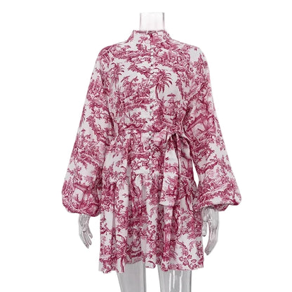 🍒Printed mini dress long sleeve clothes for hot weather o-neck outfit a line flare short china print smart casual female clothes fashion beach party wear holiday wear  Drink Cocktails In Your China