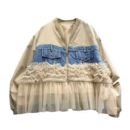 🍒Womens zipper cardigan Jackets v-neck loose fit casual outerwear long sleeve high street spring loose fit pockets and frills detail mixed media fashion clothing   You Will Be Frilled With This And Your Friends Will Be Green With Envy