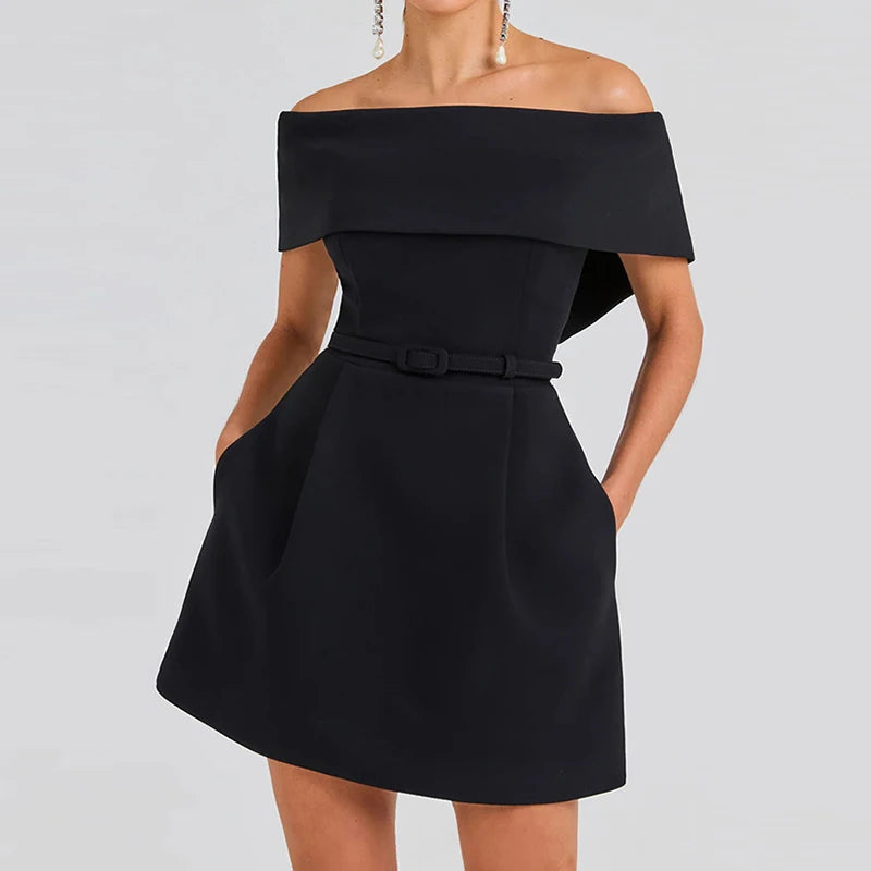 🍒Mixed media fashion short sleeve mini dress off the shoulder sleeves spring summer fashion solid party wear occasion wear Show A' Shapely Shoulder