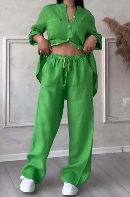 🍒two piece sets casual long sleeve womens shirt with pockets and fashion loose wide leg pants outfit smart casual clothes         Ba-sick