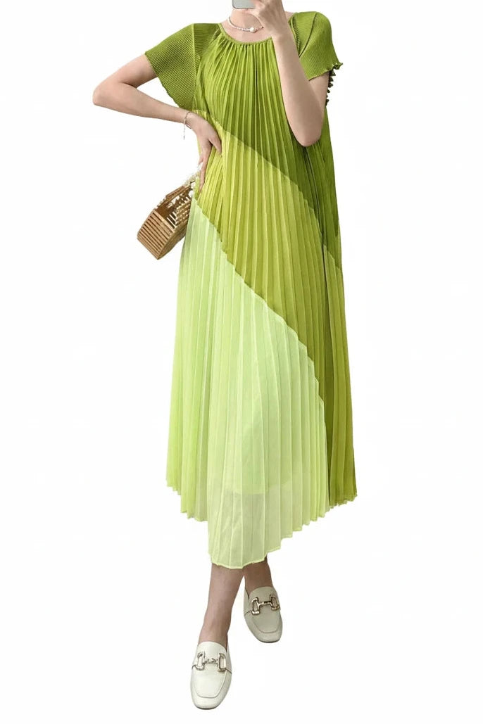🍒Mid length dresses for women casual outfit short sleeve smart three-residence series round neck clothes fashion pleated loose waist summer wear Angle To A Diagonal