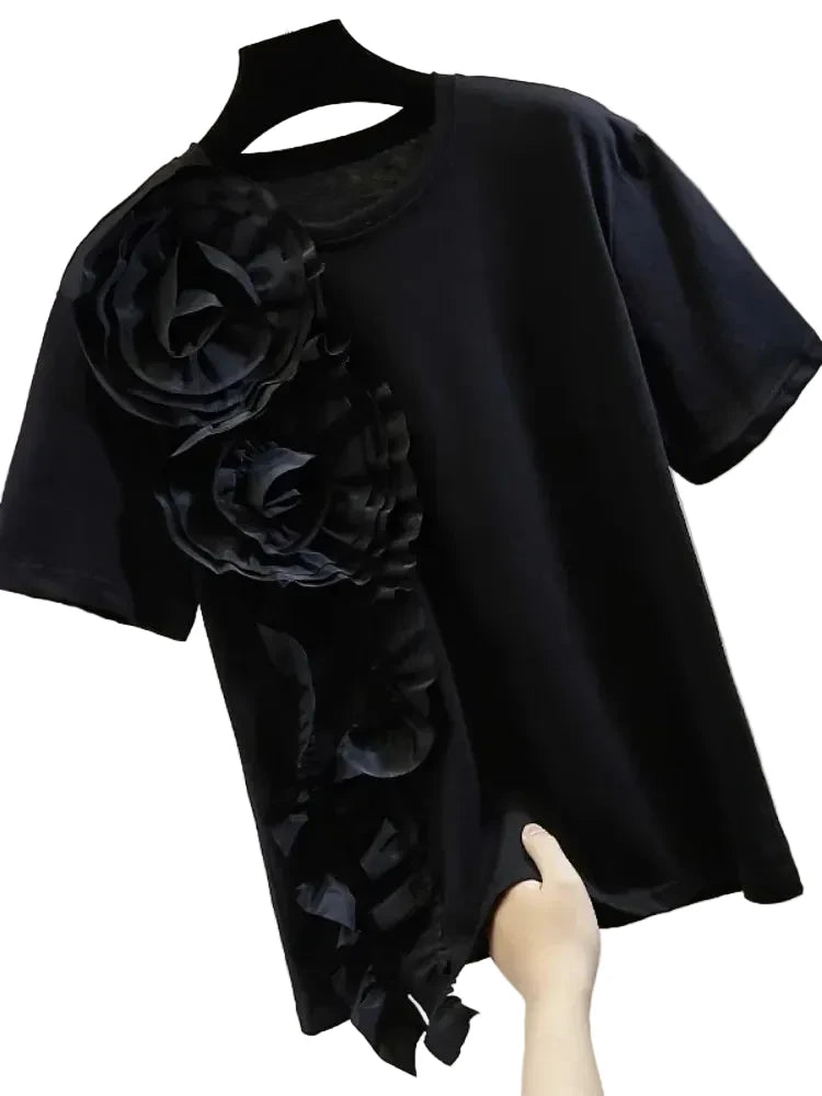 🍒Summer t-shirts for women o-neck smart casual tops t-shirt for party 3D floral tees occasion wear oversized shirts Look A'white At Night