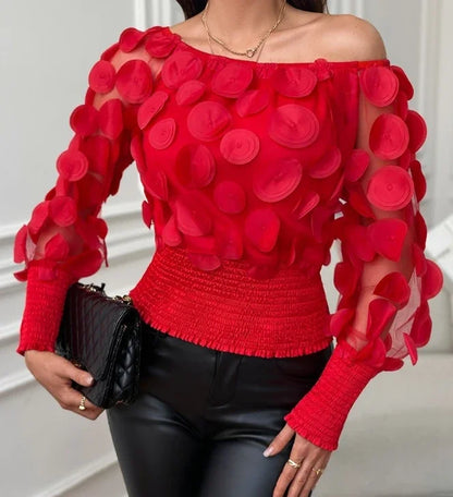 🍒Modern floral tops for women occasion shirred hem t-shirt design mesh patch long sleeve off the shoulder gigot Sleeve  bouse Y2k asthetic Hot Spot