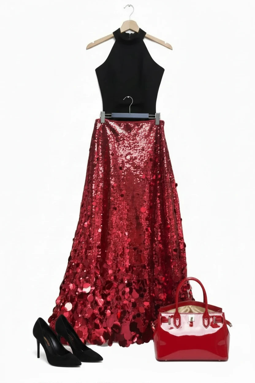 🍒Sequins party skirt elegant midaxi length occasion clothes for women solid shiny club wear party night female fashion Delectable Dazzle