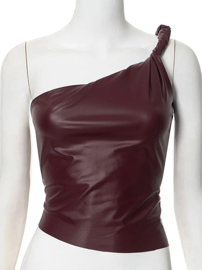 🍒Faux leather top summer fashion women wine red pu leather crop top club wear for women skinny fit asymmetric one shoulder tank casual street style Rope Into Leather