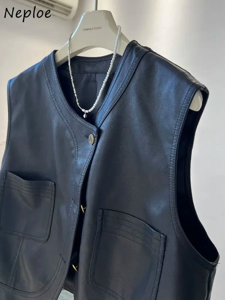 🍒Leather vest women chic clothing streetwear fashion style Y2K waist coat sleeveless moto jacket buttoned cute tank smart casual clothes party occasion wear Look Leather Lovely