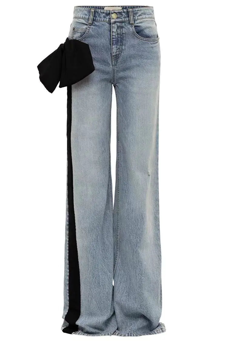 🍒Women's spring/autumn style Jeans fashion versatile slim Fit casual pants with linear and  bow detail decoration tie bow trousers  flared leg denim Line Up For These Bow Lines