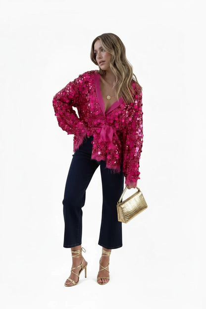 🍒Sequins bow tie jacket party long sleeve fashion short coat womens glitter party wear v-neck female long sleeve loose tops They Will SE'A Green When You Shimmer In This Winner