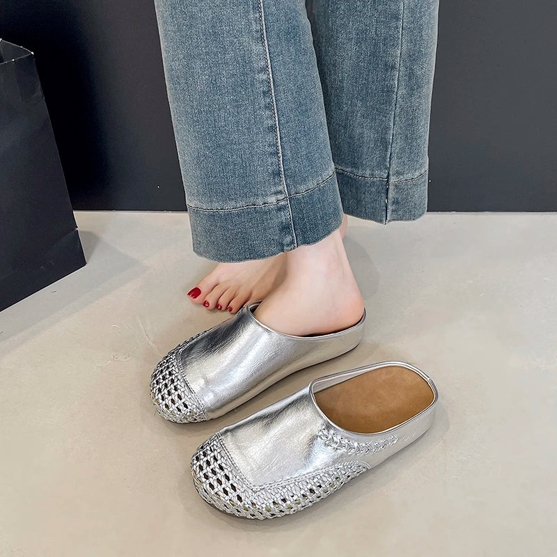 🍒Veelsydige sandale vroue pumps skoene gemaklike pantoffels vir vroue partytjiedrag somer ronde toon somerskoene Gly In Silwer Sliders