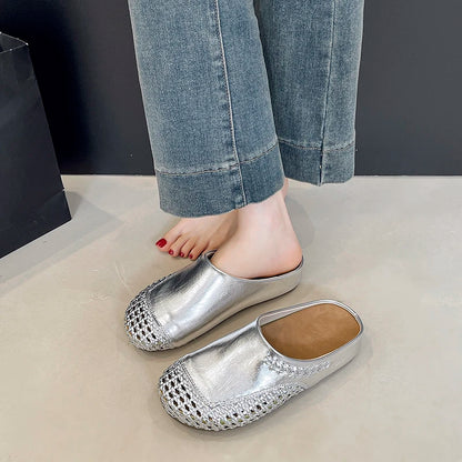 🍒Veelsydige sandale vroue pumps skoene gemaklike pantoffels vir vroue partytjiedrag somer ronde toon somerskoene Gly In Silwer Sliders