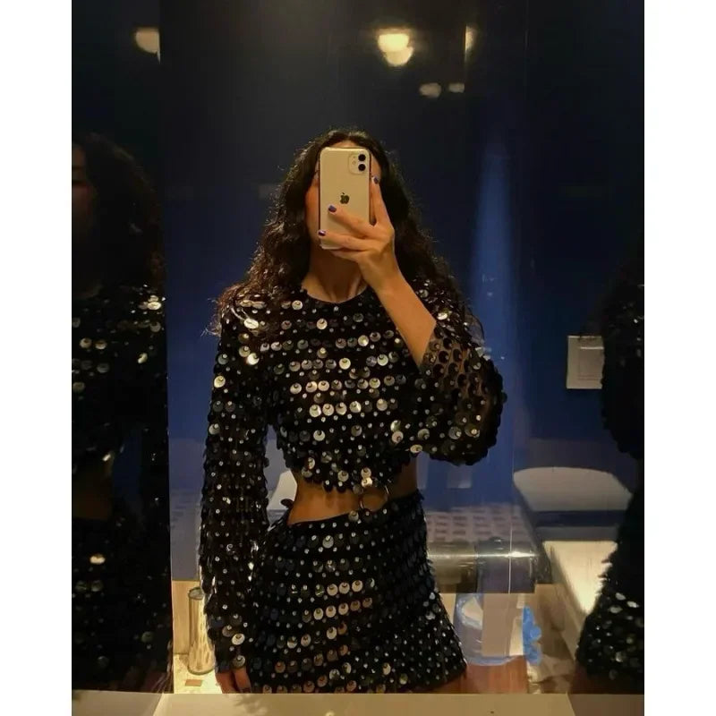 🍒Lente somer uitrustings vroue paillette mini-rok met klokmoue o-nek mode klubdrag partytjie geleentheid drag onreëlmatige klere ONTDEK Paillette Styl