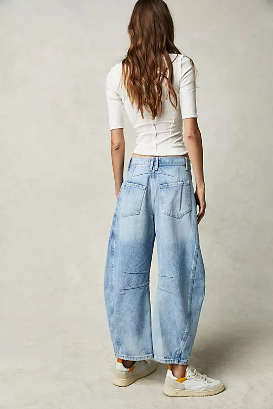 🍒Los middellyf Jeans gebleikte denimstyl vol lengte broeke mode soliede kleur broeke met sakke gemaklike drag vir vroue Barrels Of Style
