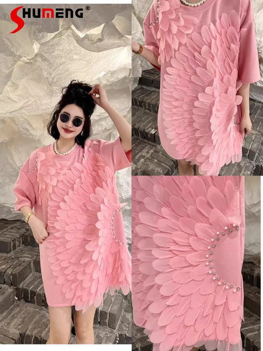 🍒女士服装宽松春夏季T恤裙 3D花卉宽松时尚T恤 独特别致超短袖上衣 挑选向日葵