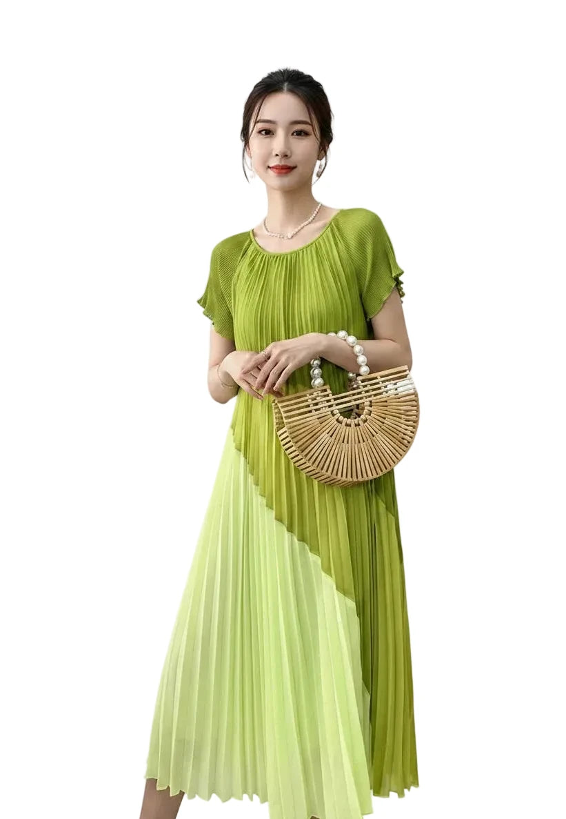 🍒Mid length dresses for women casual outfit short sleeve smart three-residence series round neck clothes fashion pleated loose waist summer wear Angle To A Diagonal