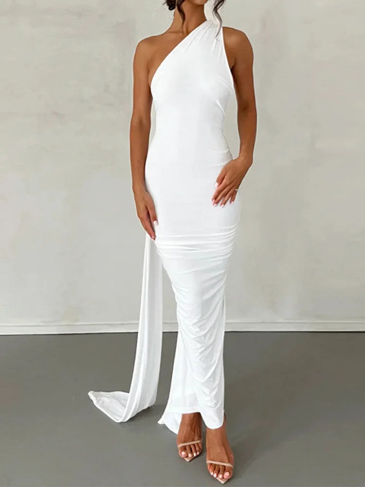 🍒One shoulder sleeveless dress backless maxi neon Y2K occassion outfits for women ruched maxi dress clubwear  birthday clothing party evening wear prom frock No BODY Will Be CROSS with this