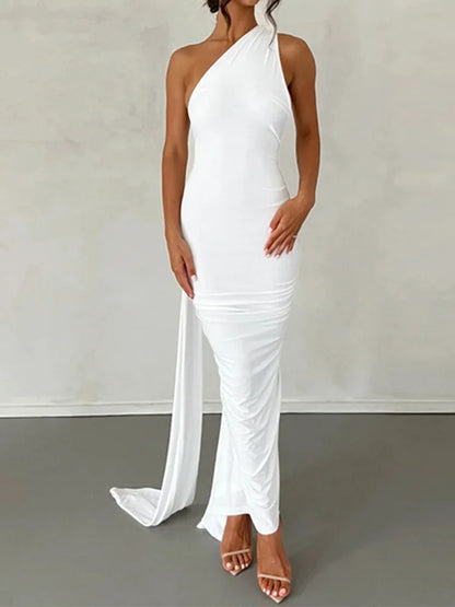 🍒One shoulder sleeveless dress backless maxi neon Y2K occassion outfits for women ruched maxi dress clubwear  birthday clothing party evening wear prom frock No BODY Will Be CROSS with this