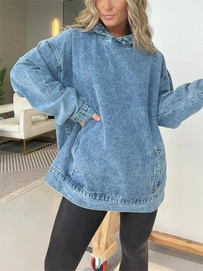 🍒Denim hoodie jeans-trui vir vroue met kap Y2k estetiese verweerde top gewas los buitekleed gemaklike klere