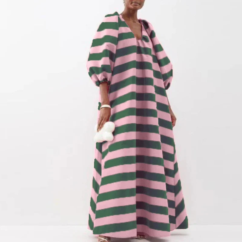 🍒 Striped party dress loose fit maxi swing casual high waist outfit pleated elegant v-neck puff sleeve long dress  Puff Up Your Chess In A Stripy Dress