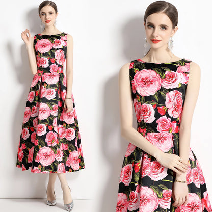 🍒Designer fashion dress floral print clothing vintage a line party wear outfit for women birthday dinner retro runway occasion wear  make ARRANGEMENTs for these FLOWERs