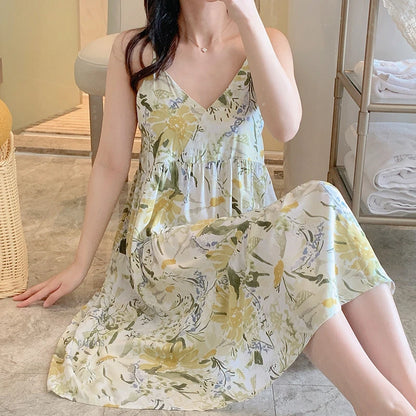 🍒Moue nagrok vir Vroue, asemende viskosekatoen-camisole-nagrok, bloemryke nagrok, huisdrag, somerdrag, vakansiedrag, nagdrag, Vars Blommepatrone
