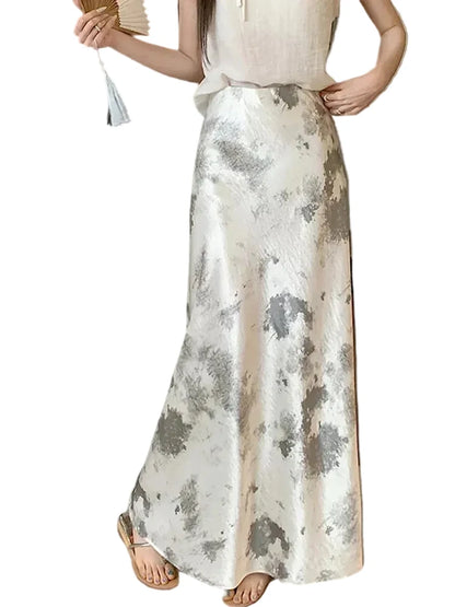 🍒Elastic satin skirt with high waist slimming mid-length floral print high-end feel fish tail skirt shiny for women Slip On A Silky Slippy