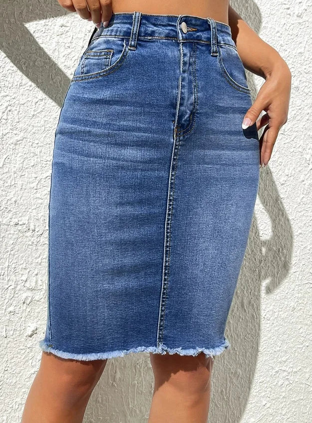 🍒 Denim knielengte middellengte romp skraal pasvorm hoë middellyf effekleurig gemaklik vrouemode gereelde elegante rousoom liggaamsnaby knoop en met sakke vroulike somerklere Denim Dagdoener