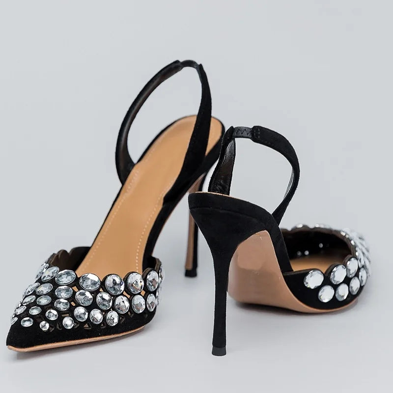 🍒Crystal slingback sandals pointed toe stilettos heels ankle strap occasion shoes footwear evening pumps for women modern party shoes On Point Fashion