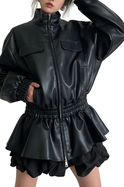 🍒Black pu leather jacket elastic waist ruffle hem coat with elasticated waist for women long sleeve loose fit fashion autumn spring female smart casual outerwear EXPAND Your look with This ELASTICATED waist