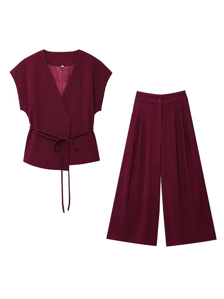 🍒Trouser suits for women sleeveless v-neck top with belt and straight pants wide leg sets spring summer clothing smart casual clothes party occasion wear two piece Two Piece Ease
