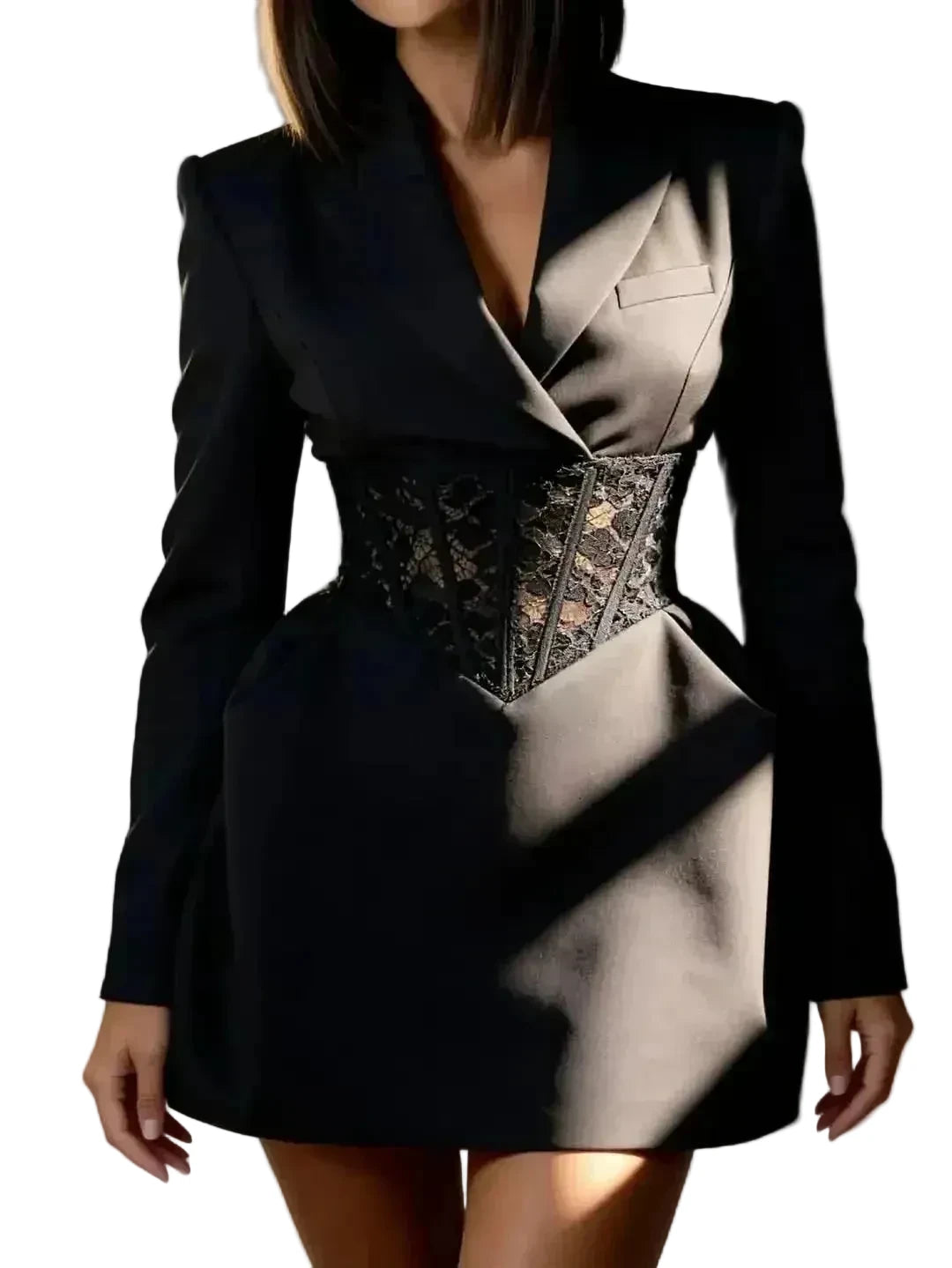🍒Lace mixed media dress blazer v-neck dresses with sleeves short long sleeve mini evening party chic gown Spring feminine dress occasion wear womens    don’t WAIST time NET this SHORTly