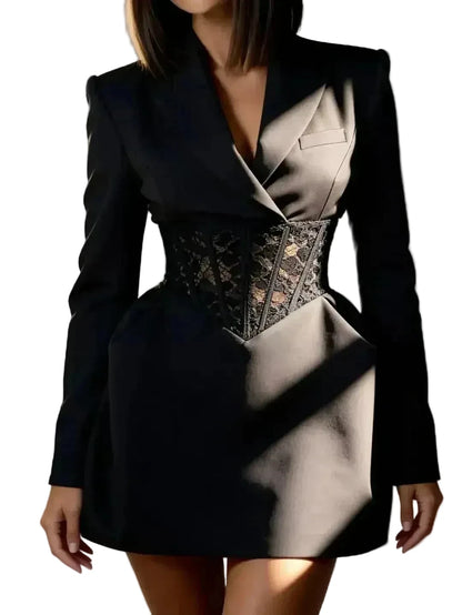 🍒Lace mixed media dress blazer v-neck dresses with sleeves short long sleeve mini evening party chic gown Spring feminine dress occasion wear womens    don’t WAIST time NET this SHORTly