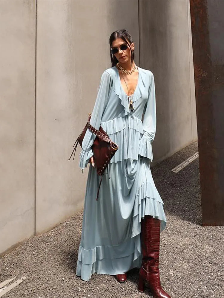 🍒Two piece set ruffled layered blouse shirt top for women plus  long skirt flared sleeves lace up v-neck pleated satin shirt loose feminine fashion wear summer out fit occasion wear party wear Relaxed Ruffles Get A slinky Blue Hue To wear To That Do