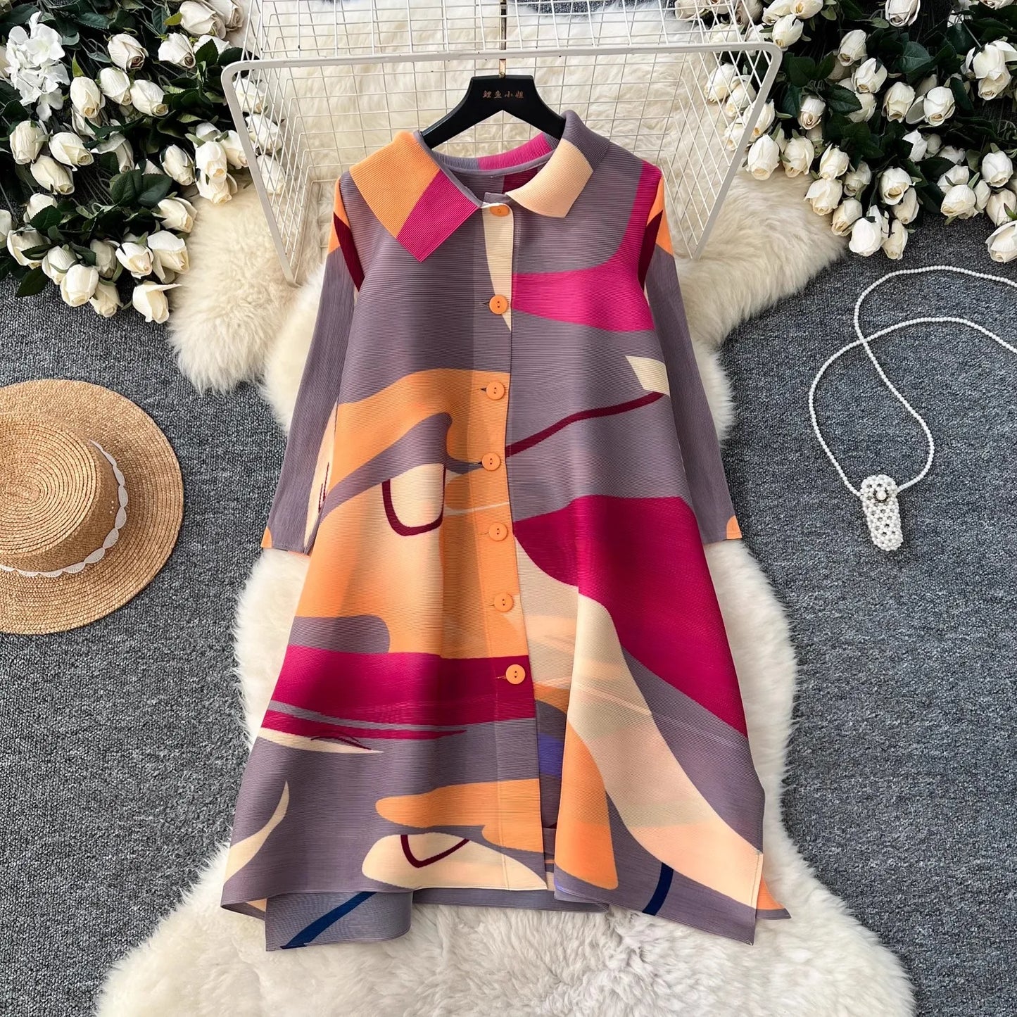 🍒Plus size pleated shirt dress color block outfits loose one size fits all  stretch cardigans smart casual clothing women