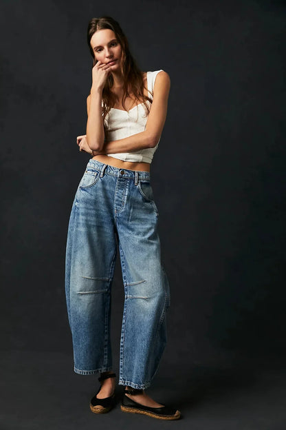 🍒Los middellyf Jeans gebleikte denimstyl vol lengte broeke mode soliede kleur broeke met sakke gemaklike drag vir vroue Barrels Of Style