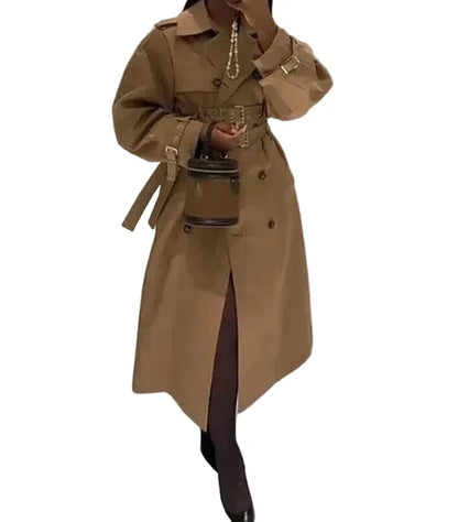 🍒Hooded trench coat women casual puff sleeve outerwear. double breasted belted cropped Jacket khaki fashion clothing                               2.long trench version  Travel Along Cool Double Belt