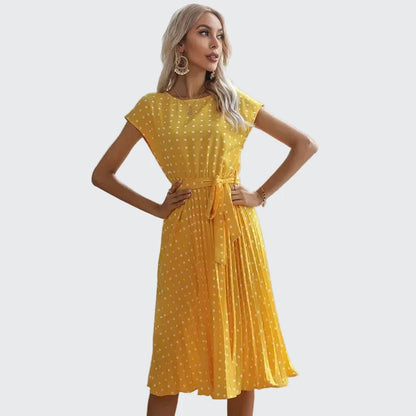 🍒Summer dresses for women high waist midi outfit with pleats elegant pleated polka dots short sleeve fashion office clothing vacation wear  Don’t Delay Dotties