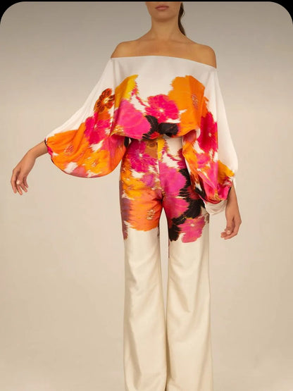 🍒Two piece set lantern sleevelu satin bouse top and wide leg pant suit off shoulder long sleeve set smart casual office wear women party occasion wear