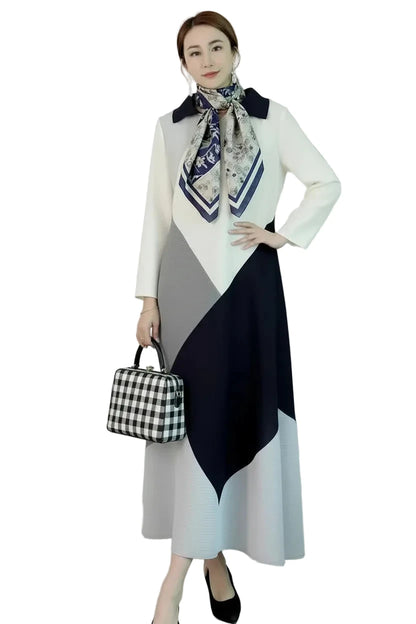 🍒Pleated dress long sleeves colour block outfit midi womens summer loose fashion autumn Clothes smart casual wear Diamond Dress