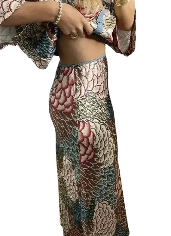 🍒Party two piece printed shirt and skirt set v-neck three quarter sleeve shirts for women high waist skirts for women two piece evening outfits female occasion clothing