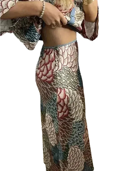 🍒Party two piece printed shirt and skirt set v-neck three quarter sleeve shirts for women high waist skirts for women two piece evening outfits female occasion clothing